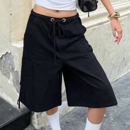 Women’s Summer y2k Vintage Denim Cargo Shorts Drawstring Harajuku Loose Knee Length Jean Baggy Shorts with Pocket Streetwear
