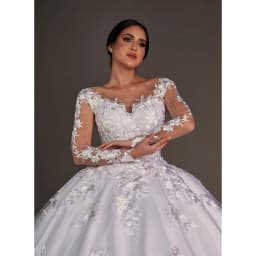 Customized White O-Neck Appliques Full Sleeves Wedding Dress 2026 Ball Gown Floor Length Sweep Train Tulle Zipper Bridal Gown