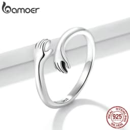 BAMOER 925 Sterling Silver Hug Open Ring Warm Love Hand Adjustable Glossy Ring for Women, His Big Loving Family Party Gift