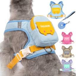 Cute Backpack Dog Harness with Leash, Reflective Soft Pet Vest for Small Medium Dogs Cats, Adjustable Walking Harness Set
