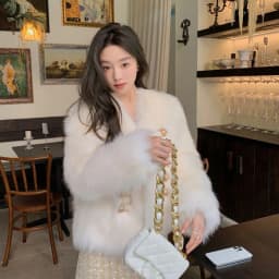 Chic White Women Faux Fur Jacket Pearl Button Coat Collarless Long Sleeve Cropped Loose Luxury Cozy Winter Outerwear Top