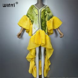 WINYI Summer Pleated Elastic Maxi Kaftan Boho Evening Dress Elegant Beach Cover Up Luxury Party Dress Dubai Style Abaya