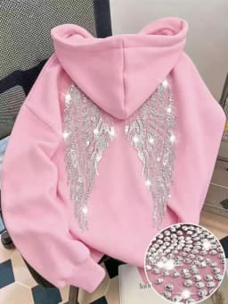 Leisure Spring and Autumn Sweater Wing Print and Hot Rhinestone Two Styles Women's Long-sleeved Pullover Hoodie