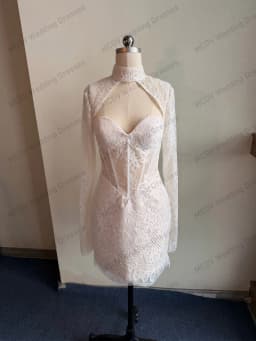 Mini Civil Wedding Dresses High Neck Full Sleeve Backless Short Bride Party Gowns Straight платье свадебное короткое Customized