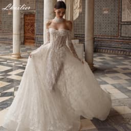 Lhuilier Customized A Line Illusion Lace Wedding Dresses Off the Shoulder Beaded Bridal Gowns with Chapel Train