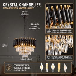 Modern Black and Gold Crystal Chandelier, Luxury K9 Crystal Dining Room Chandelier Light Fixture, Adjustable Chain Hanging Pendant Ceiling Light for Living Room Bedroom Foyer Entryway Kitchen Island Hallway
