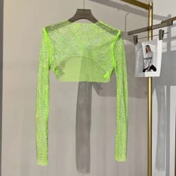 2025 New Summer Sexy Bright Diamond Short Thin Tops Slim Hot Drill Long-sleeved T-shirt Sexy Leak Waist Blouse