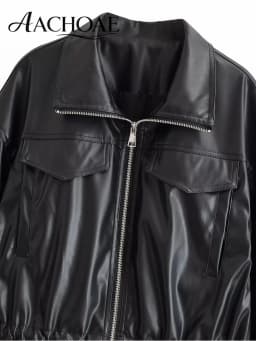 AACHOAE Women Faux Leather Jacket Drawstring Waist Zip Up Utility Short Coat Flap Pocket Casual Streetwear Autumn Outerwear
