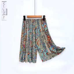Summer Thin Casual Pants Ice Silk Elastic Waist Five-Point Pants Floral Print High Waist Skirt Pants for Middle-Aged Women
