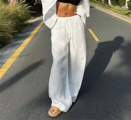 Casual Oversized White Solid Wide Leg Pants Fashion Women Elastic High Waist Pocket Baggy Sweatpant Office Lady Commute Trousers