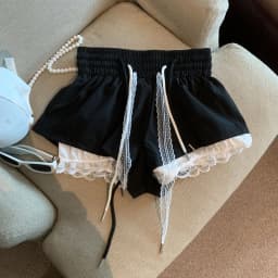 Women's Patchwork Fake Two-piece Lace Shorts High Elastic Waist Drawstring A-shaped Casual Shorts Pants