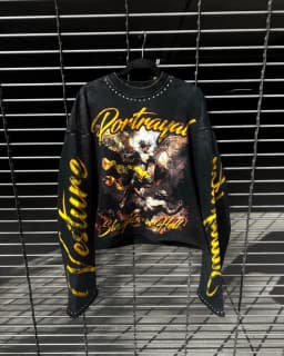 Balck Retro Gothic Oversized Long Sleeve Tees Men Women Harajuku Hip Hop Graphic Print Rhinestone T-shirts Cotton Loose Tops
