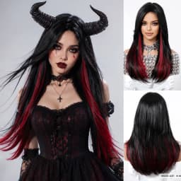 Easihair Black with Red Pink Highlight Long Straight Wig With Bangs Heat Resistant Synthetic Hair Gothic Halloween Cosplay Wigs