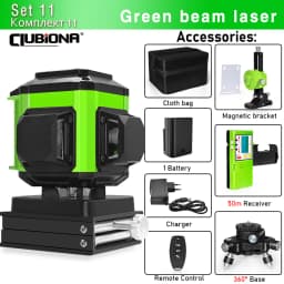 CLUBIONA 16/12 lines Self-leveling Remote Control Outdoor Mode - Receiver Auto 3x360 Green beam Line Laser Level