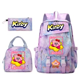 Kirby Cartoon Print Student Backpack Set for Girls with Lunch Bag and Pencil Case School Bookbag Lightweight Daypack