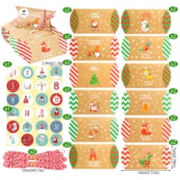 24Sets Pillow Shape Christmas Gift Boxes Vintage Kraft Paper Box with Number Stickers& Rope DIY Xmas Advent Calendar Treat Boxes