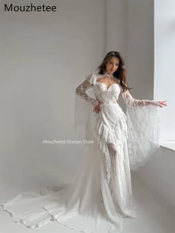Mouzhetee A-Line Elegant Backless Lace Appliques Wedding Dresses Long Sleeve Brides Gown Custom Made 2026