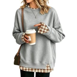 Crew Neck Sweatshirts Women Cute Long Sleeve Oversized Sweatshirt Plaid Pullove In Layered Tunic Drop Medium Weight Hoodie