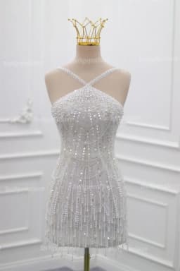 Kyoto Customized Shiny Beading Mini Sheath Wedding Dress Halter Neck Sleeveless vestidos de novia White Luxury 2025Evening Dress