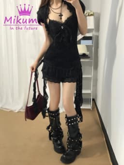 Mikumn Gothic Lolita Black Lace 3 Piece Set Women Puff Sleeve Cardigan+Bow Cami Top+Cake Mini Skirt Y2K Aesthetic Kawaii Outfit