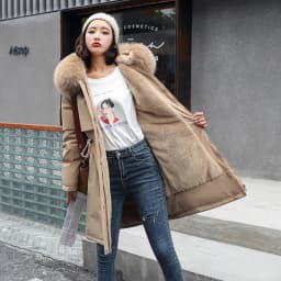 Parkas Jacket Women Cotton Coat Winter Mid Length Outerwear Fur Collar Plush Liner Hooded Drawstring Thick Windproof Office Lady