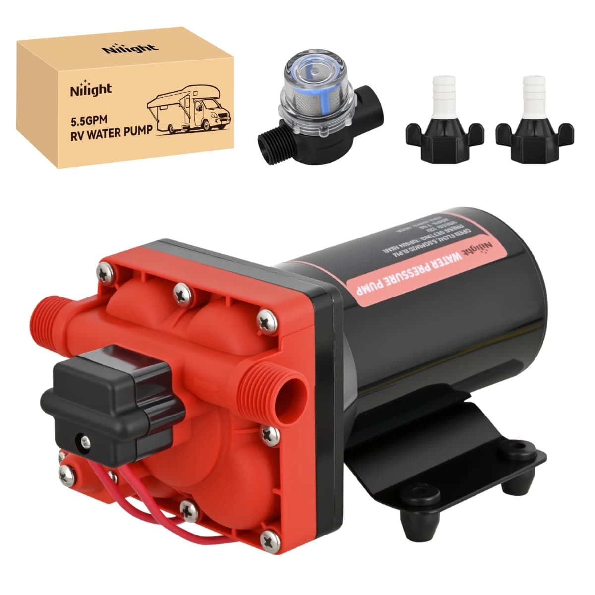 Nilight RV Water Pump 12V Camper Water Pump 5.5 GPM 70 PSI with Pressure Switch & Strainer Heavy Duty Diaphragm Pump Self-Priming Low Noise for RV Camper Marine Yacht Caravan Trailer, Fresh Water Transfer Pump for Motorhome Boat Caravan Outdoor System