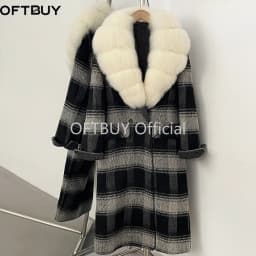 OFTBUY New Warm Winter Outerwear for Female Mid Long 100% Wool Coat Women Real Fox Fur Lapel Collar Vintage Plaid Woolen Jacket