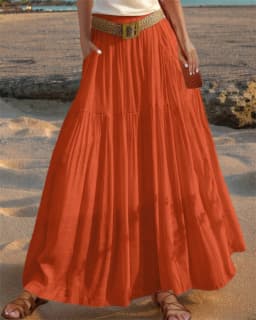 2026 Belted Hem A-line Solid Color Elastic Waist Skirt Women's Summer New Beach Vacation Commuting Camping All-match Long Skirt