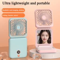 3-in-1 Mini Portable Fan Hanging Neck Fan Handheld Fan & Foldable Mirror with Power Bank, Compact & Portable for Summer Sports