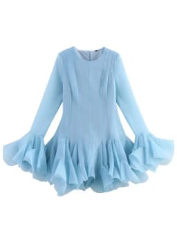 2026 Summer Women's Elegant Multi-Layered Ruffled Hem Mini Dresses Lady Sweet French Style Long Flare Sleeve Slim Fit Puffy Robe