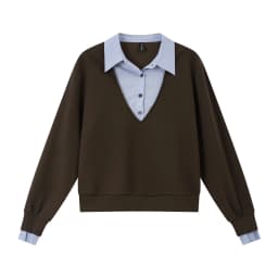 VIMLY Fake Two-piece Striped Collar Sweatshirt for Women 2026 Autumn Coffee Color Commute Casual Loose-fit Female Pullover A7577