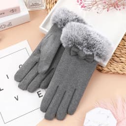 Women Winter Keep Warm Touch Screen Plus Cashmere Thicken Gloves Cycling Drive Elegant Bow Plush Wrist Anti Slip Windproof