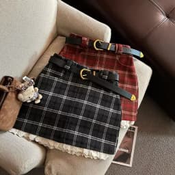 Lace Patchwork Plaid Mini Skirts Women Fall Winter High Waist No Belt Faux Wool Skirts Y2K Fashion Preppy All Match A Line Skirt