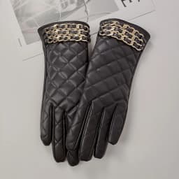 Women Black Chain Thickened Plush Inside Grid PU Artificial Leather Glove Sexy Female Nightclub Dance Punk Performance Mitten
