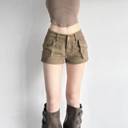 Retro Street Style Pocket Splicing Jeans Women's 2026 Summer Khaki Low-rise Tooling Shorts