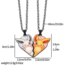 2-piece cute Eevee cartoon pendant necklace with heart patchwork, anime-style metal necklace