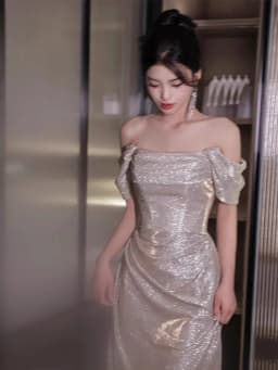 Ele One-oulder Silver Sequin Evening Gown Women's Birthday Adult Ceremony Host Wedding Morning Robe Korean Sle