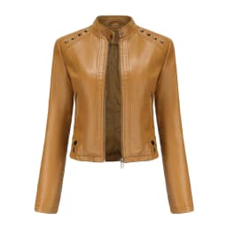 Women's Rivet PU zipper Leather Coat, Black Motorcycle Jacket, Standing Collar, Korean Punk Rock Fashion, Autumn and Winter