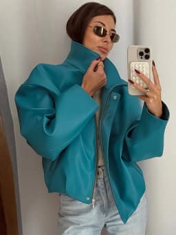 Women's Solid Faux Leather Jacket Stand Collar Zippers Long Wide Sleeves Cropped Coats 2026 Autumn Fashion All-match Streetwears