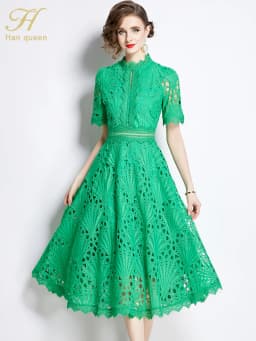 H Han Queen Spring New Elegant Casual Work Party Dresses Floral Crochet Hollow Out Lace Patchwork Casual Office Midi Dress