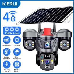 KERUI 6MP Triple Lens Solar PTZ Camera 4G SIM WiFi Outdoor Home Security CCTV with V380pro App Built-in Rechargeable Battery