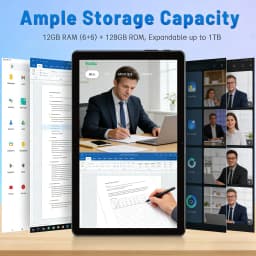 Paitanry 10 Inch Android 15 Tablet PC Octa Core 12GB (6+6GB Expand) RAM 128GB ROM Expand 1TB 6000mAh Battery Dual Band 5GHz WiFi 6 Bluetooth 5.0 5MP+13MP Dual Camera Incell HD Touch Screen Tablet for Study Work Camping Entertainment