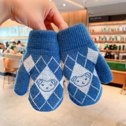 Kids Winter Knit Mittens Fleece Warm Argyle Plaid Simple Bear Jacquard Stretchy Rib Cuff Cold‑proof Vintage Style Gloves 2026