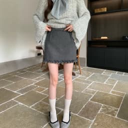 Grey A-Line Skirt with Lace Splicing Design Casual Style High Waist Woolen Material Spring Slimming Versatile Short Skirt