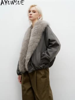 AYUNSUE White Goose Down Women Warm Winter Clothing Real Fox Fur Collar Down Jacket Loose Fit Fashion Short 2026 Пальто Женское
