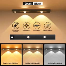 White/Black LED Cabinet Light USB Rechargeable Motion Sensor LED Light for Kitchen Wardrobe Cabinet Lighting 20CM/30CM/40CM/50CM