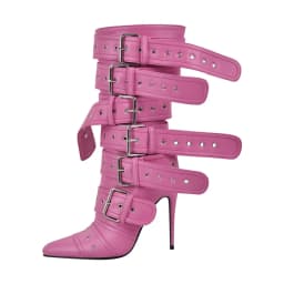 Onlymaker Women Pointed Toe Mid-Calf Boots Buckle Strap Thin High Heel Lady Zipper Female Stiletto Boots