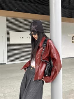 American Retro Red Flip Collar Leather Jacket Women's High-End Short Style Autumn New Sweet Cool Loose Fit Top PU Leather