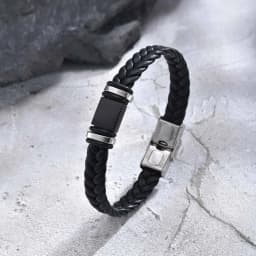Initials Leather Bracelet for Men Boys,Stainless Steel A-Z 26 Letter Charm Woven Wristband,Casual Jewelry Gift to Father Husband