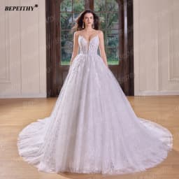 BEPEITHY Customizd Glitter V Neck Lace Wedding Dresses For Women Plus Size Ivory A-Line Bride Spaghetti Straps Bridal Gown 2026